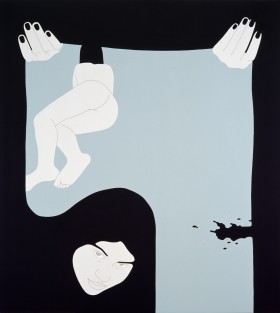 Wzdłuż lewej, górnej i prawej krawędzi prostokątnego obrazu pas czarnej farby, jakby rama. W lewym górnym rogu i prawym górnym rogu dwie białe dłonie z czarnymi paznokciami. Środkowa część obrazu w kolorze pistacjowym. W lewym dolnym rogu twarz dziewczyny